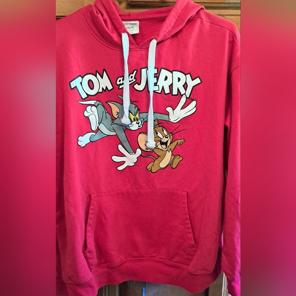 Tom & Jerry Hoodie Graphic Big Print Spellout Junior XXL (19) Red Kangaroo Pouch